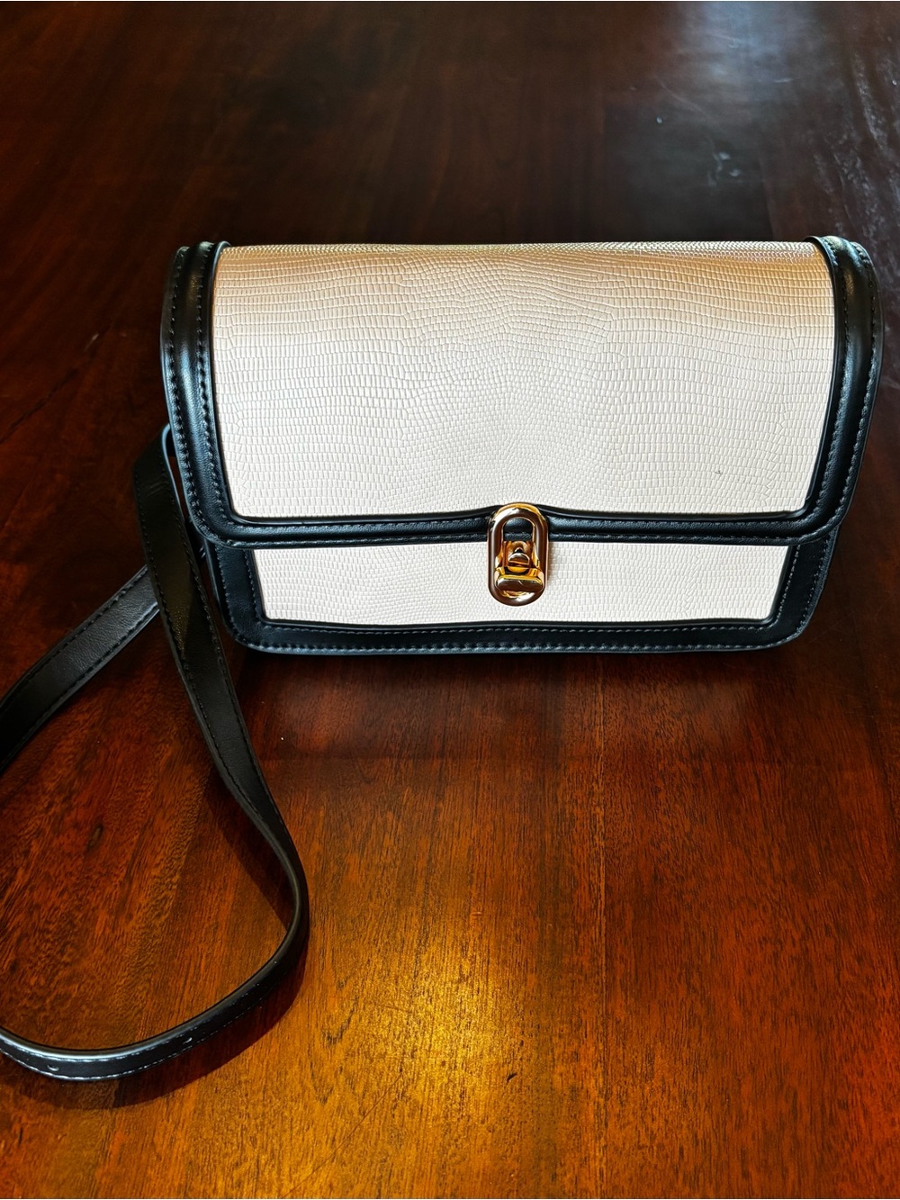 Jules Kae Mia Structured Cream and Black Crossbody with Gold Accent